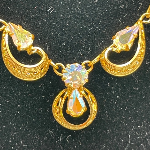 Vintage Germany Signed Gold Tone AB Rhinestone Necklace Clip-on Earring Set - Picture 3 of 13